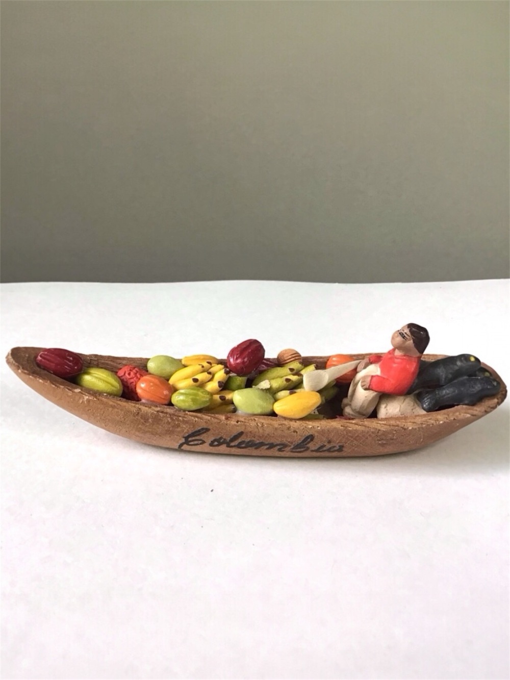 Columbia Fruit Boat Man Figurine Fish Fruit Vendor Hand Crafted Clay Folk Art
